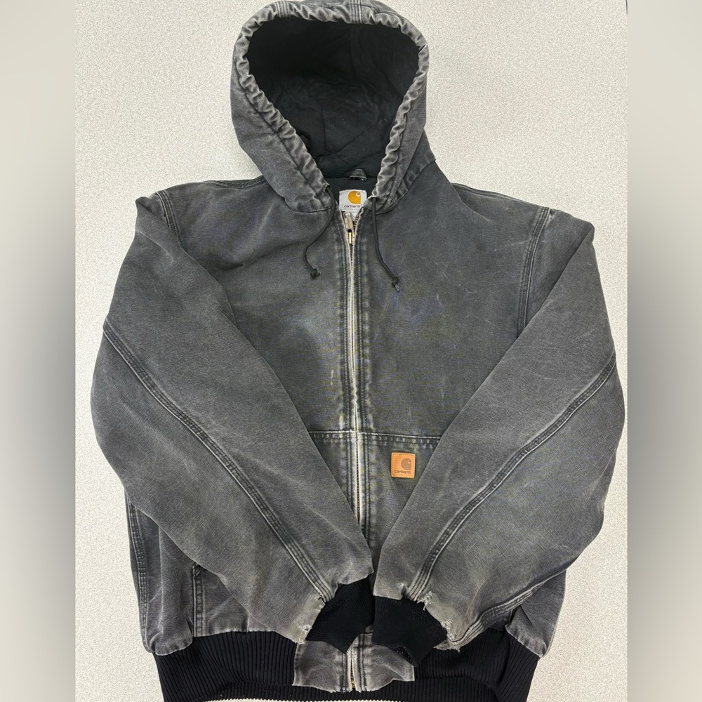 Carhartt Duck Canvas Hooded Quilt Lined Faded black  Work Jacket Mens Size L